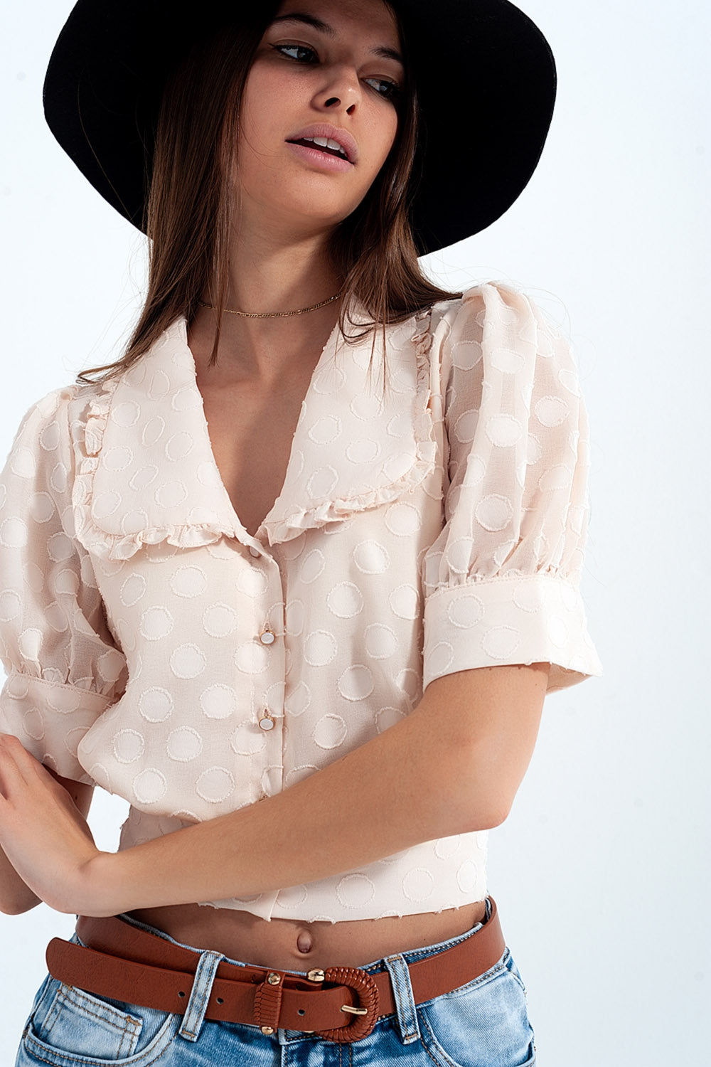 Beige Polka dot blouse with bib collar and embellished buttons
