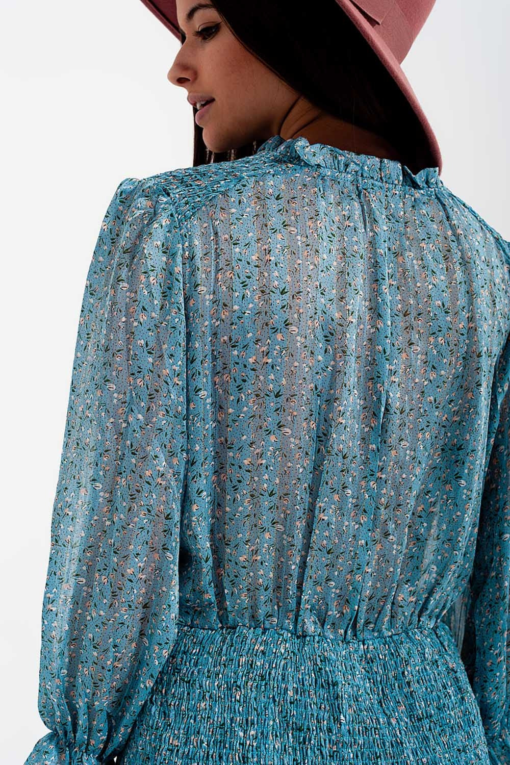 Shirred skirt mini dress with keyhole detail in turquoise - dress