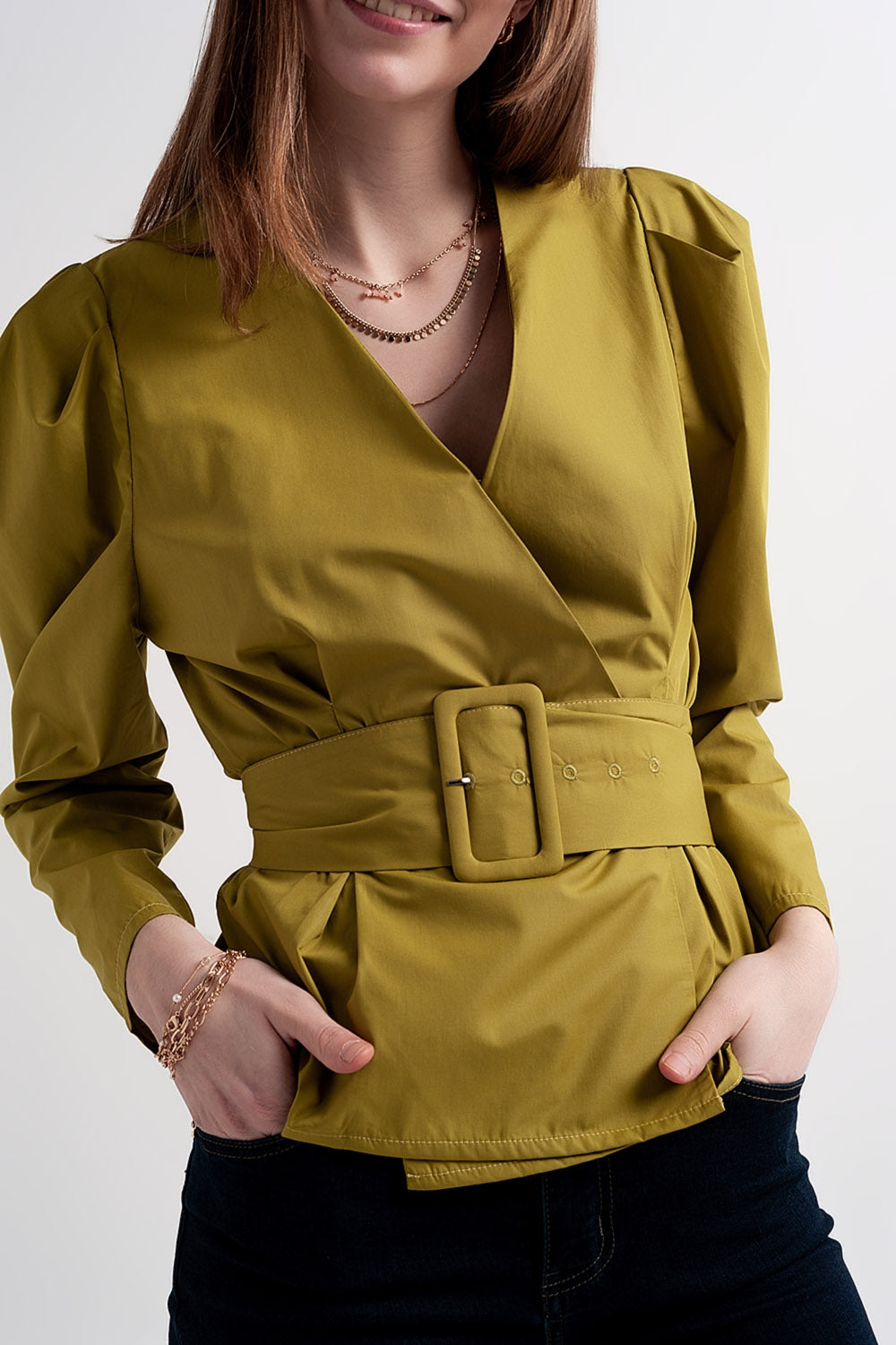 Puff sleeve wrap front top with belt detail in green - Shirts