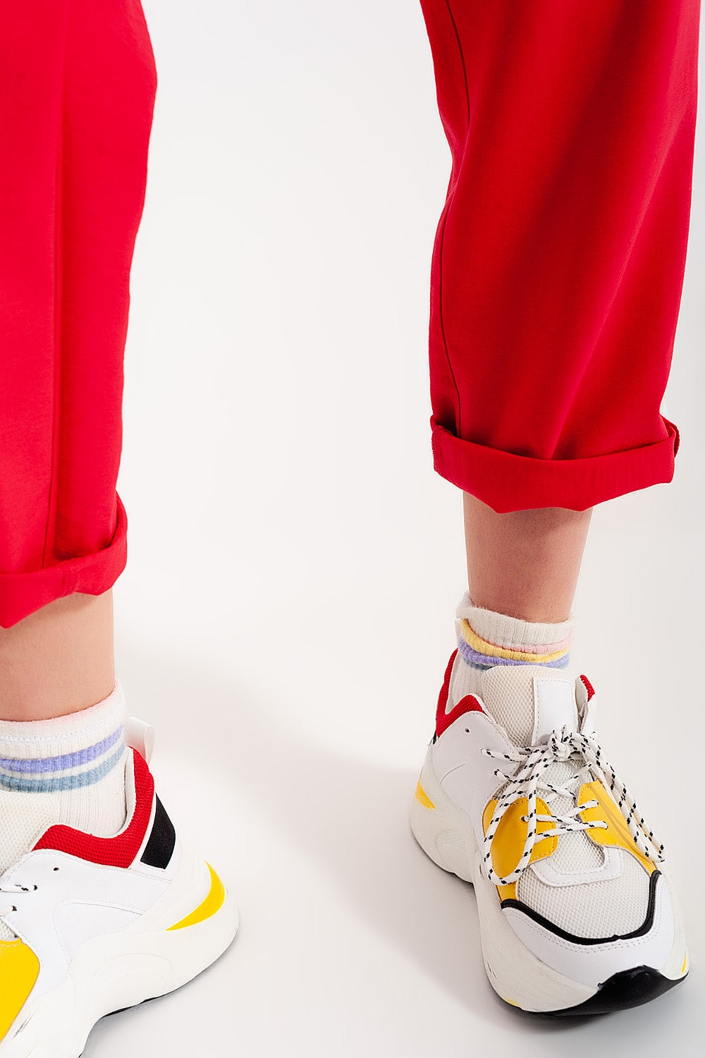 High waist belted paperbag trousers in red