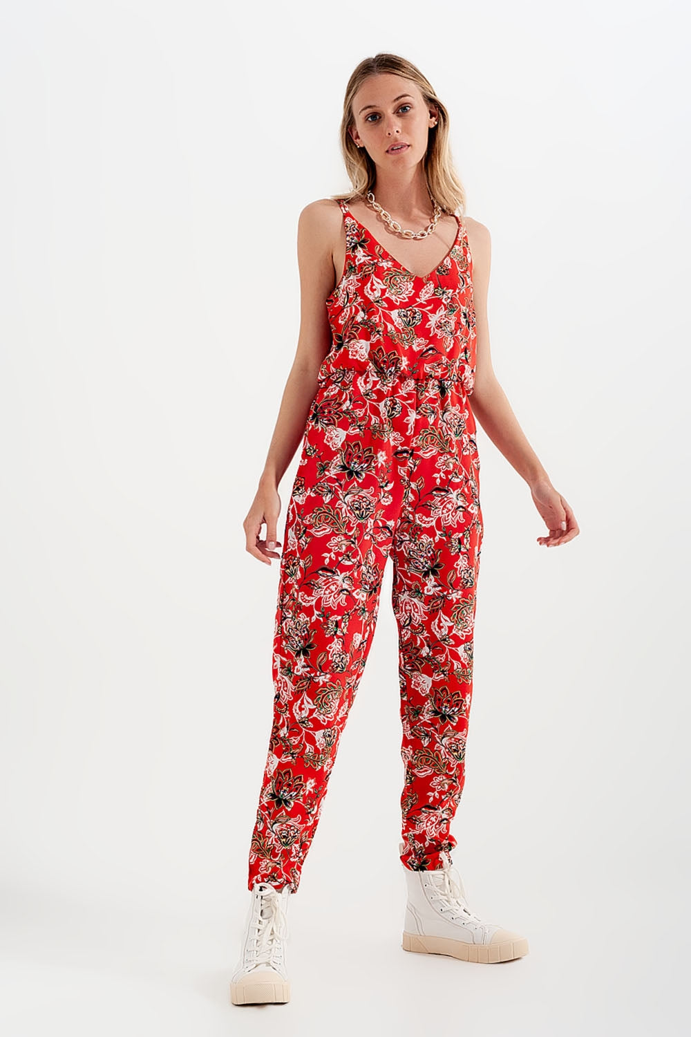 Cami strap jumpsuit in red floral print