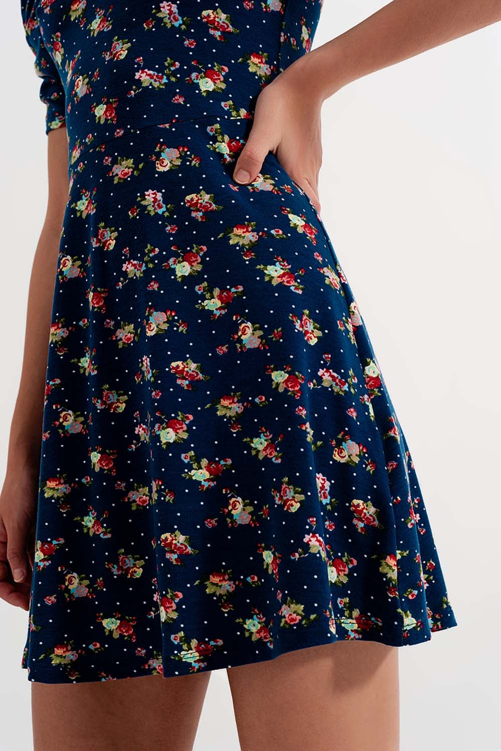 Puff sleeve skater dress in navy blue floral print - dress