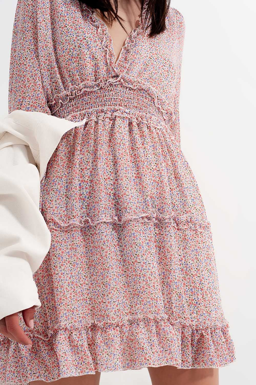 shirred mini skater long sleeve dress in pink floral - dress