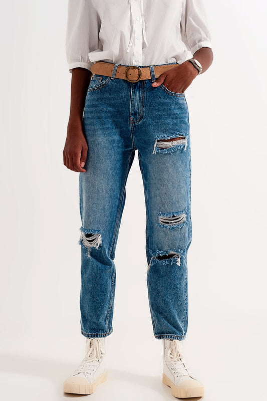 High rise slim mom jeans in midwash with rips - Denim