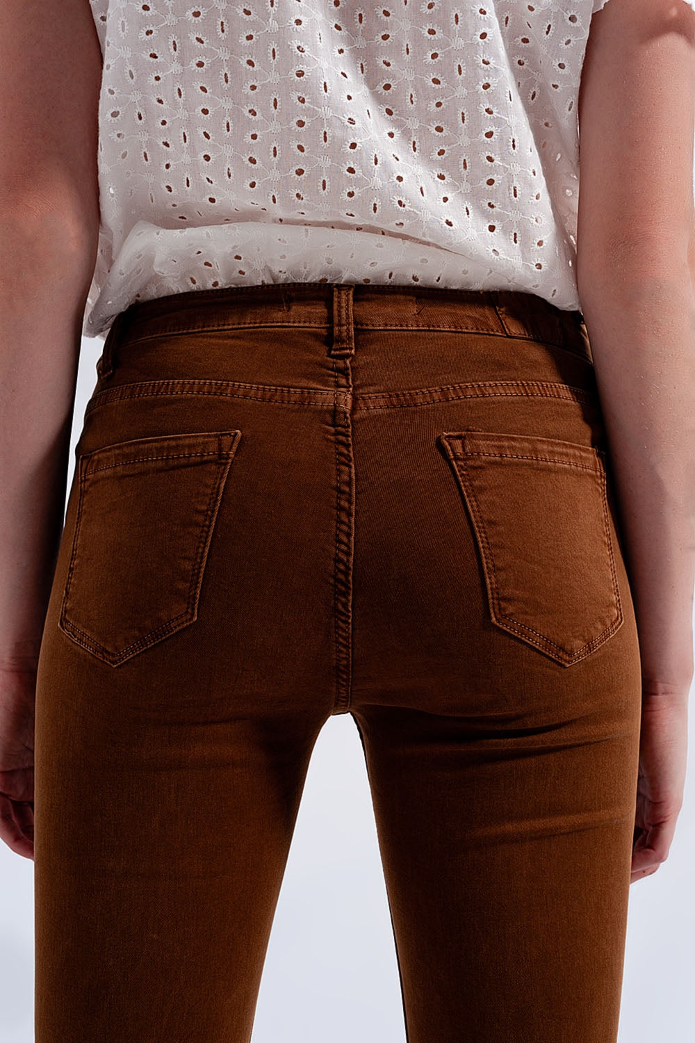 High rise raw hem flared jeans in brown - Coloured Jeans