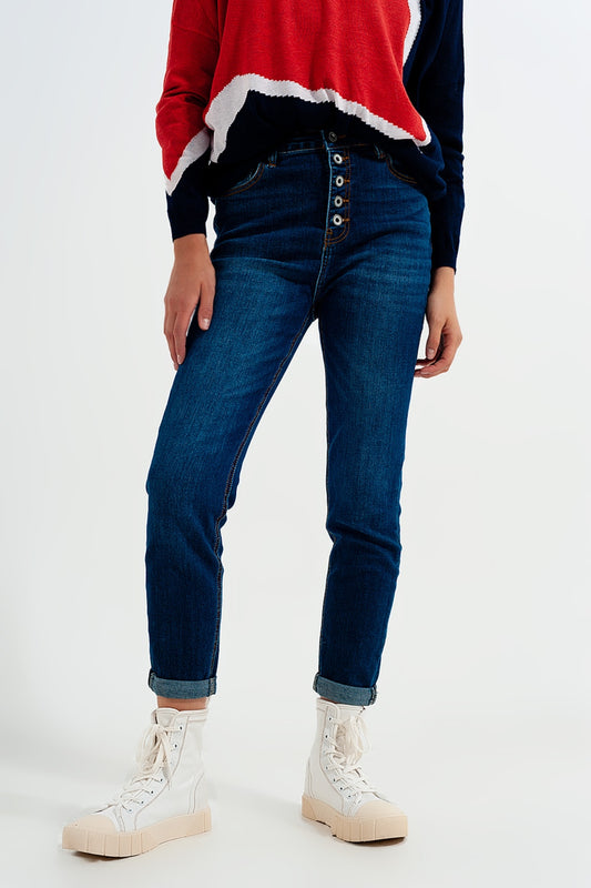 High rise jeans with exposed buttons in blue - Denim
