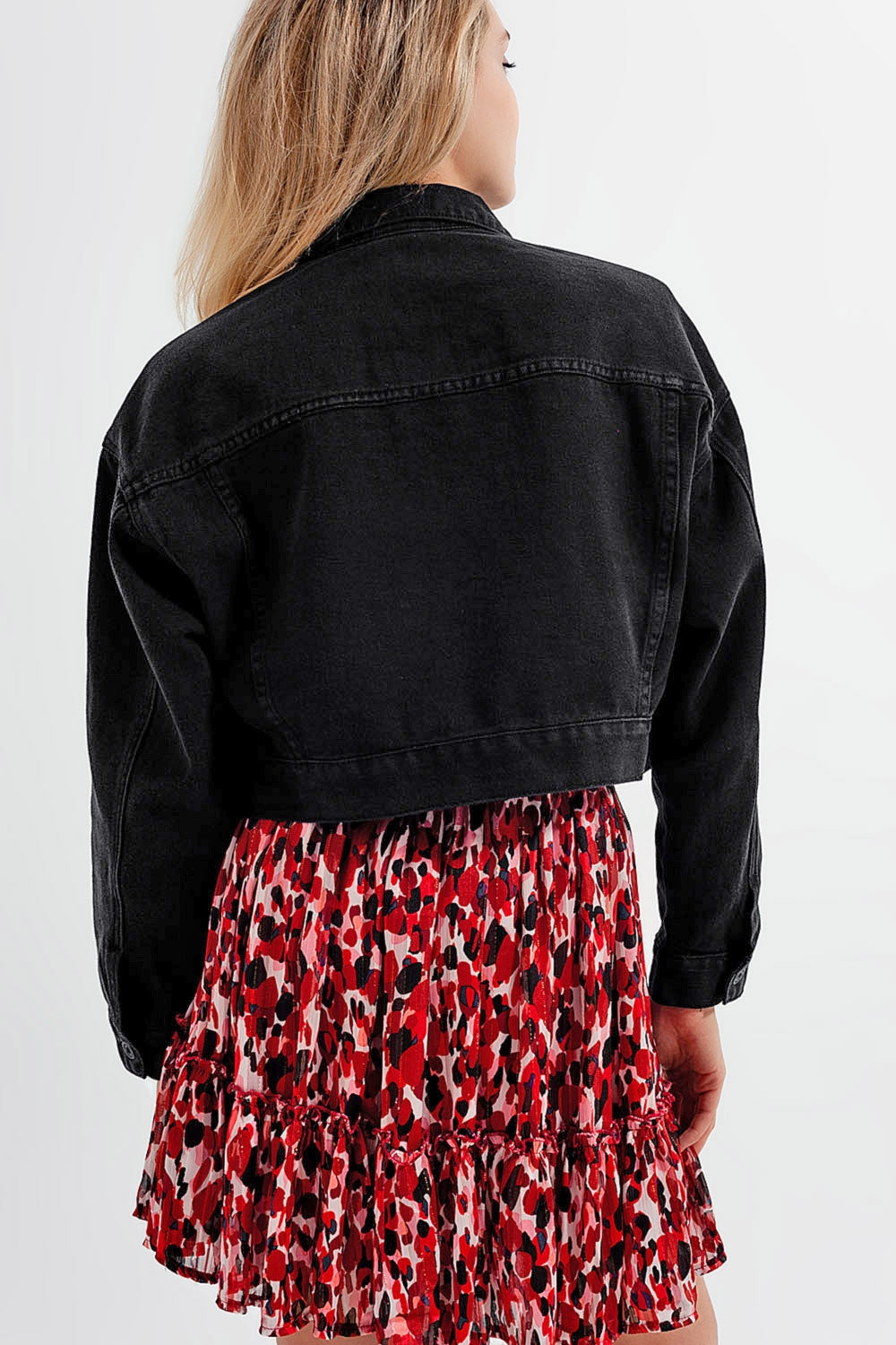Black denim jacket with strass fringing