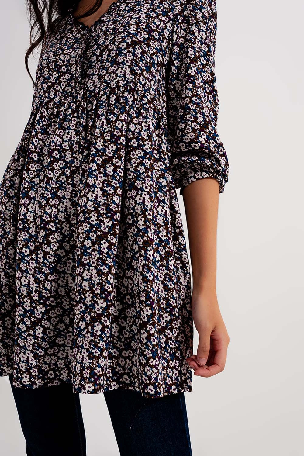 Button through mini dress in brown floral - dress