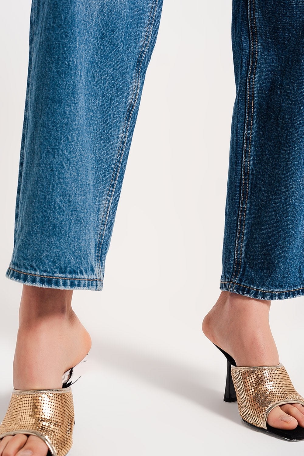 Asymmetric button detail straight jeans in mid blue