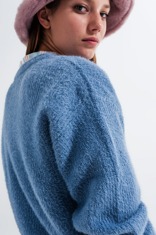 Crew neck jumper in rib with fluffy yarn in blue - jumper