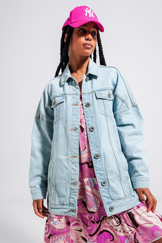 Longline denim jacket with belt in light blue wash - blazer