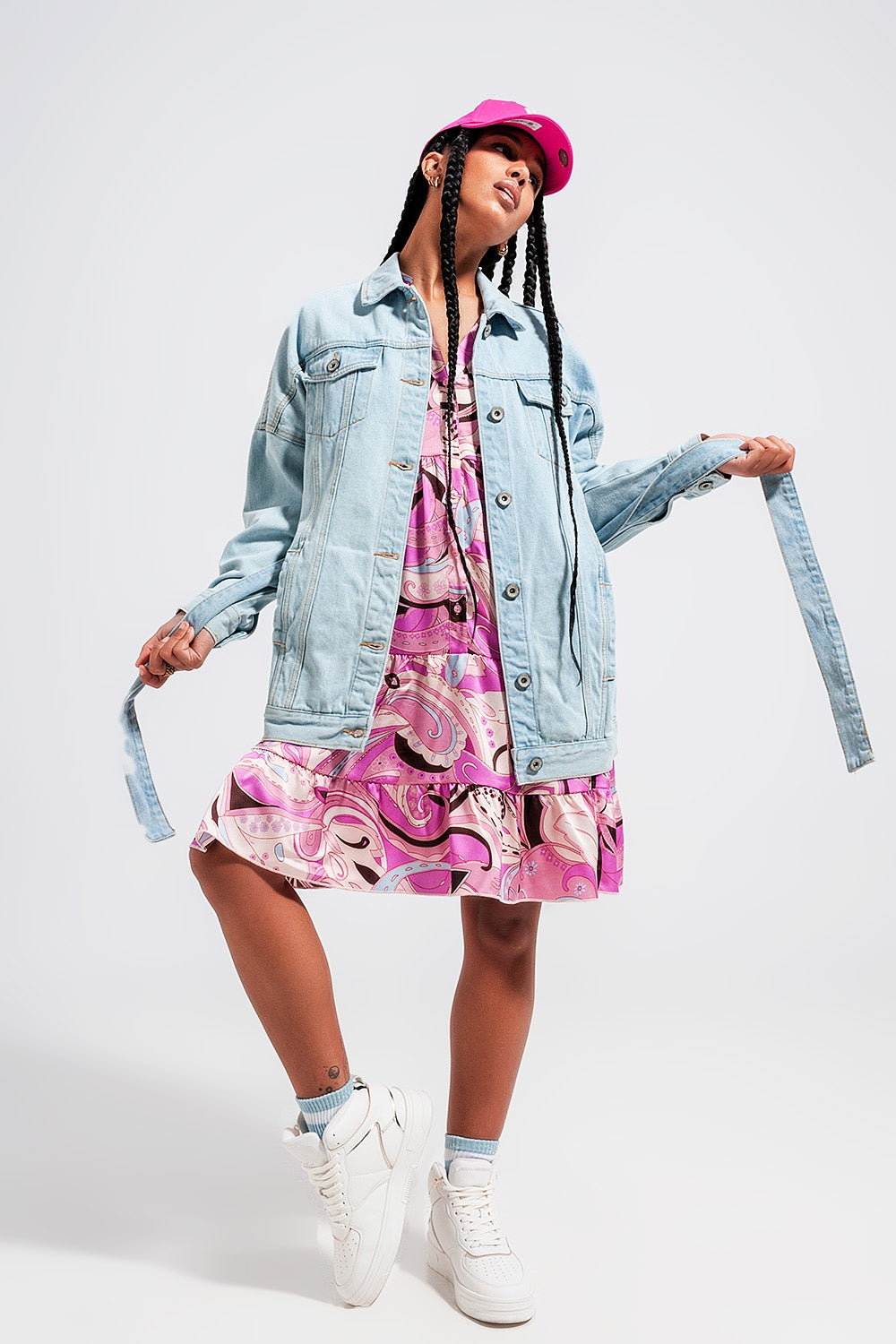 Longline denim jacket with belt in light blue wash