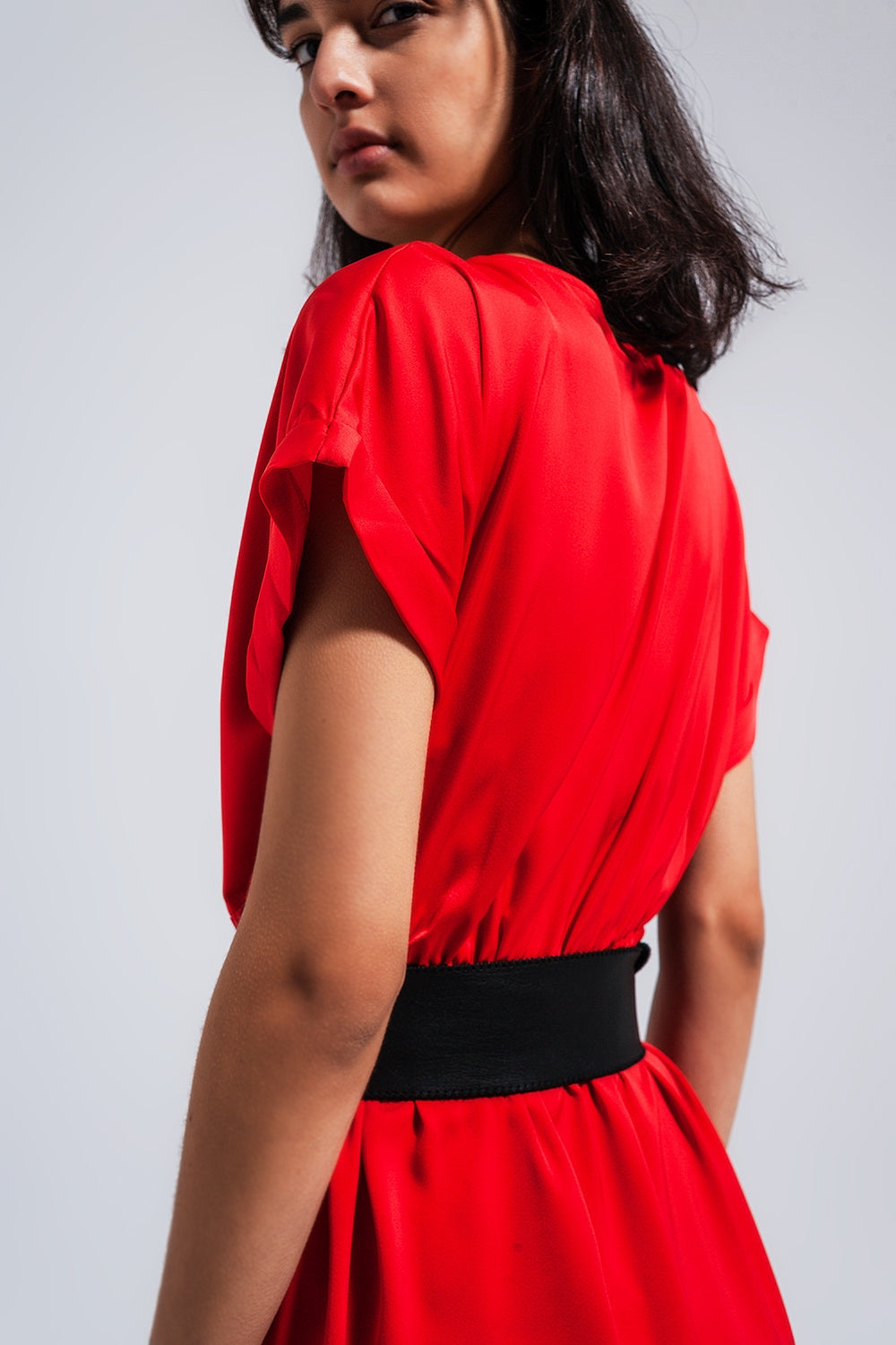 Short sleeve satin maxi dress in red - dress