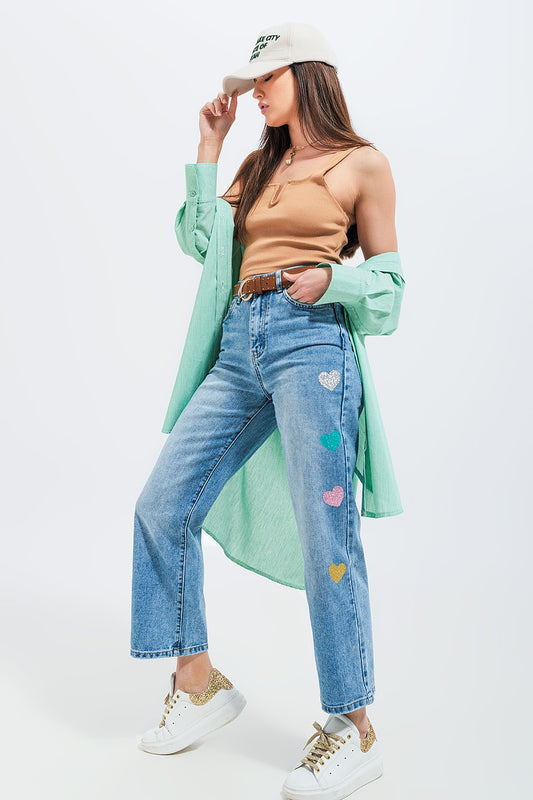 High waisted straight leg jean with heart print in mid wash - Denim