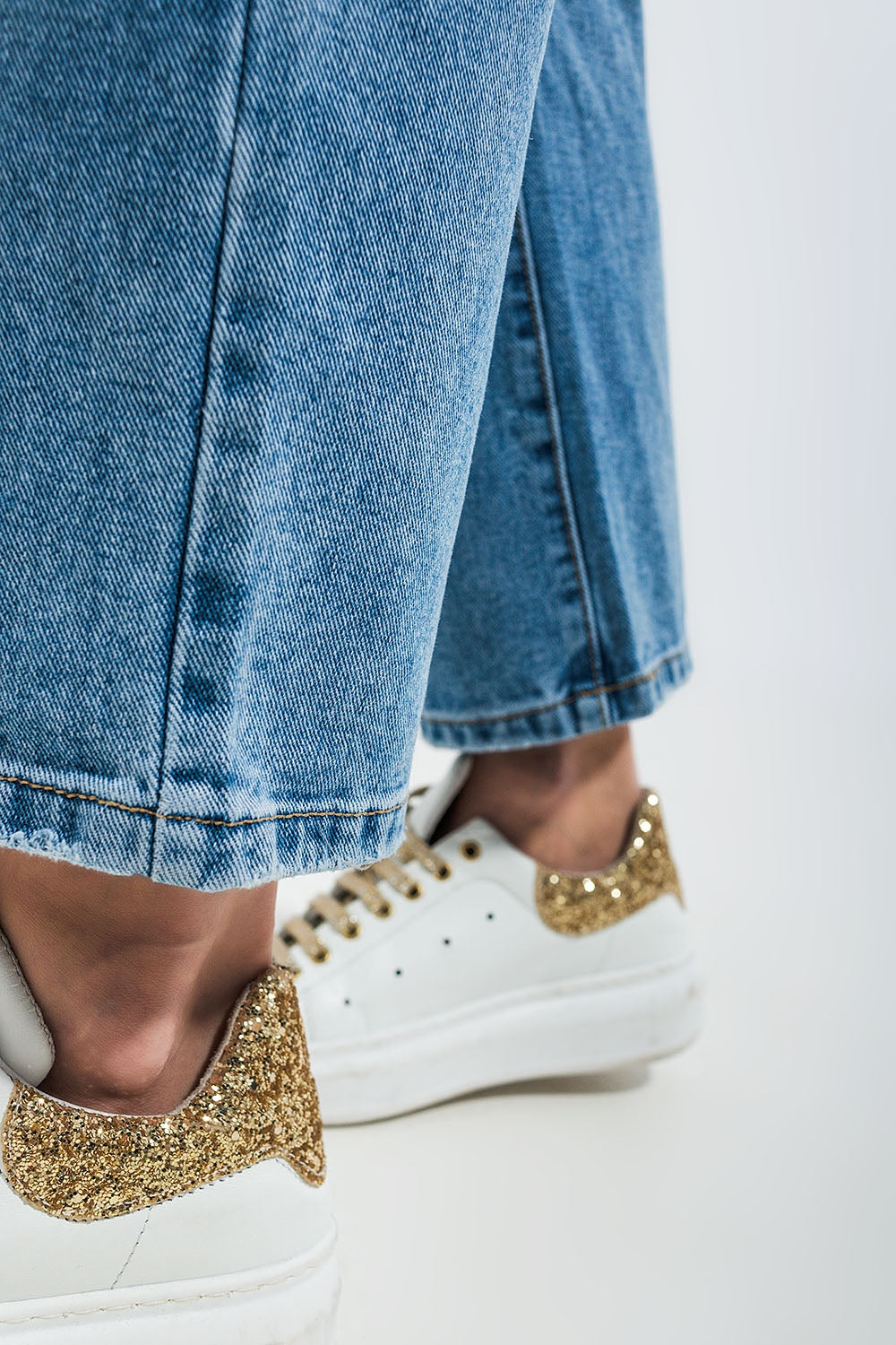High waisted straight leg jean with heart print in mid wash