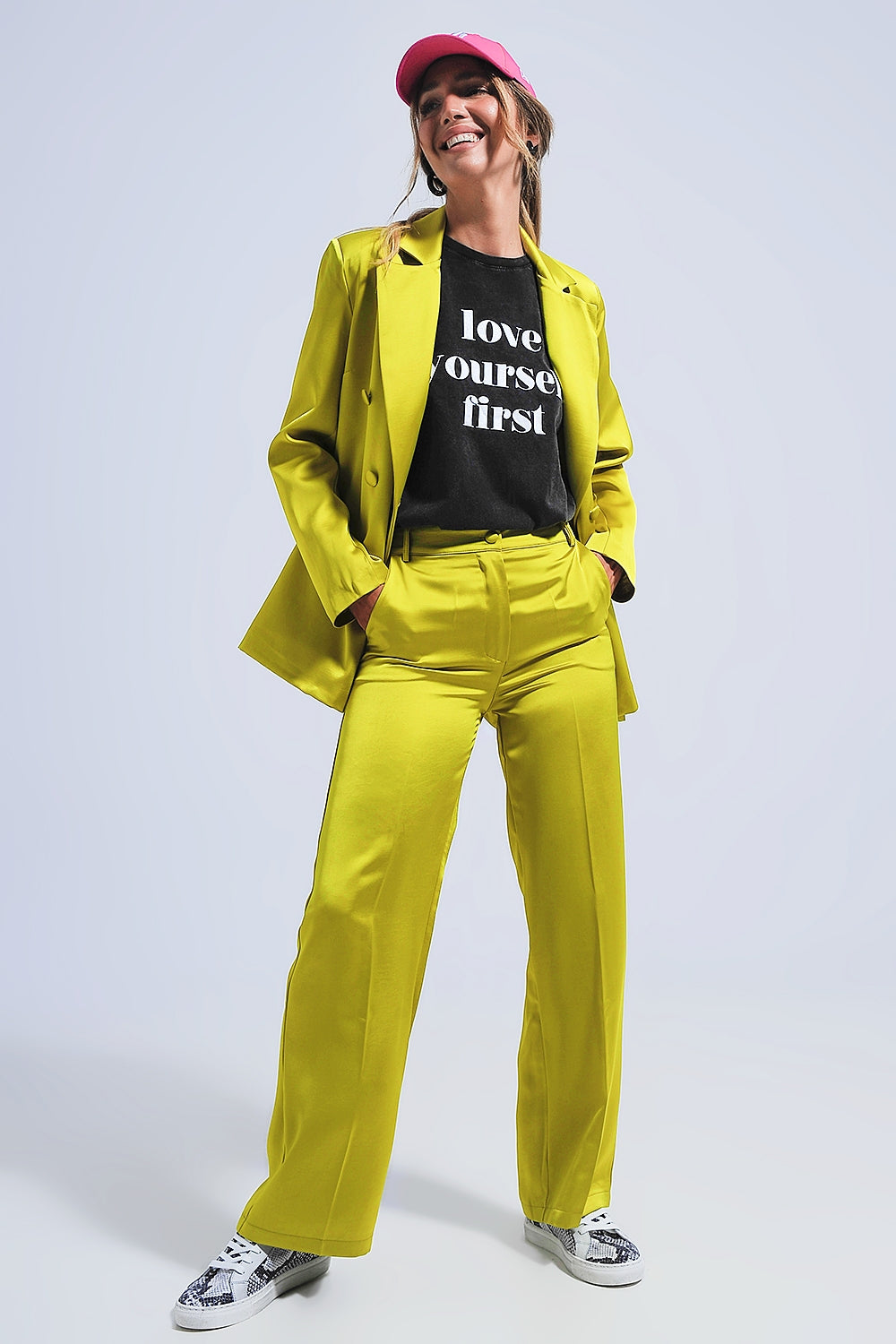Double breasted satin blazer in lime green