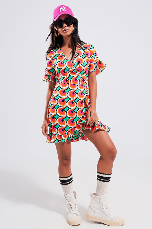 Wrap ruffle hem mini dress in 70s orange print - dress