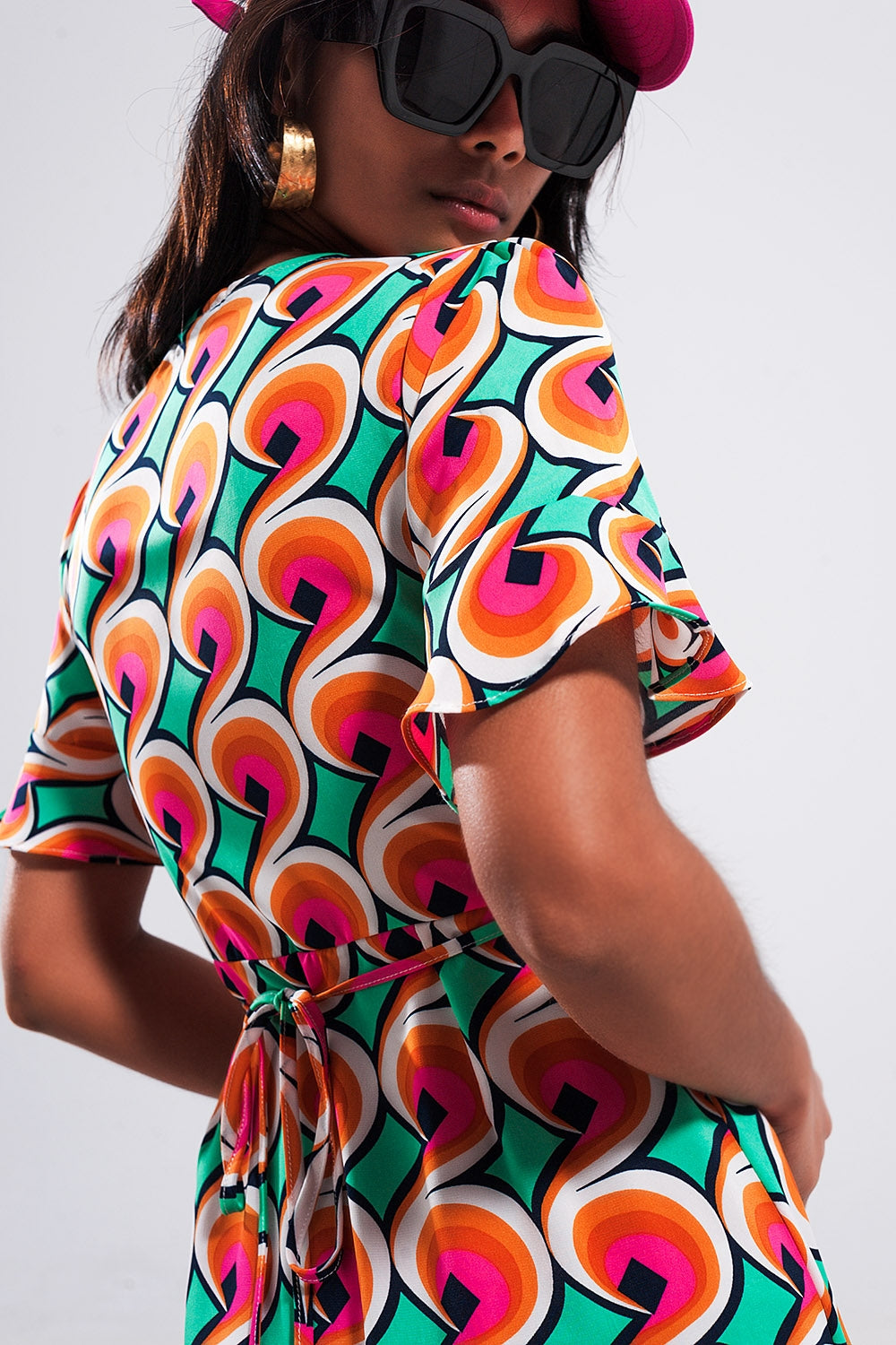 Wrap ruffle hem mini dress in 70s orange print - dress