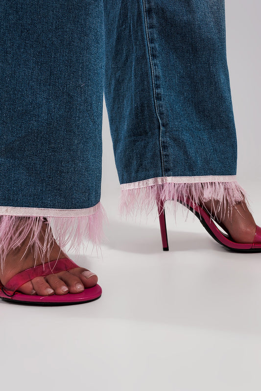 Straight leg jeans with PINK faux feather hem - Denim
