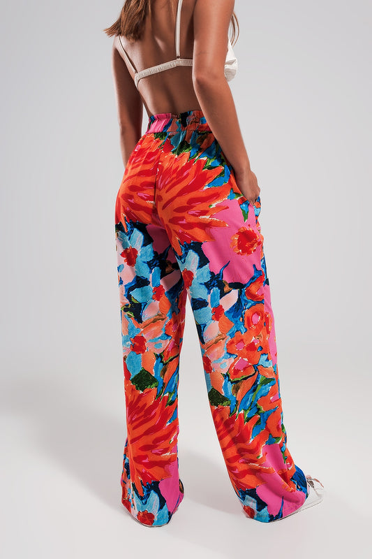 Elastic back pants in bright floral - trousers