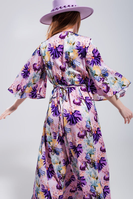 Flutter sleeve maxi dress in purple floral print - dress