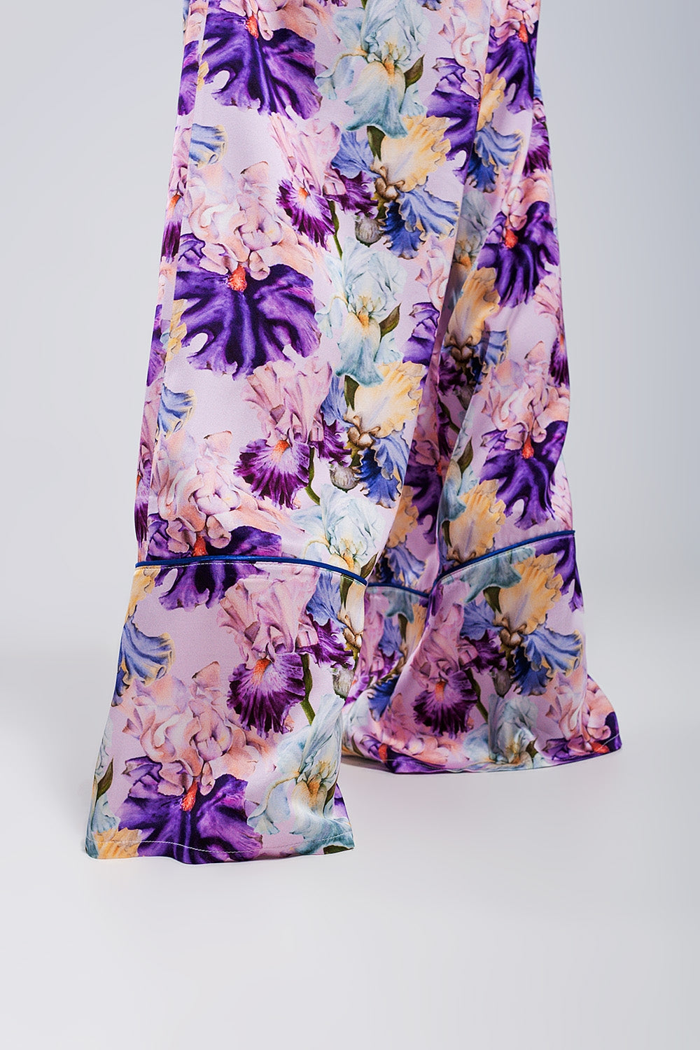 High waisted satin wide leg pants in purple floral