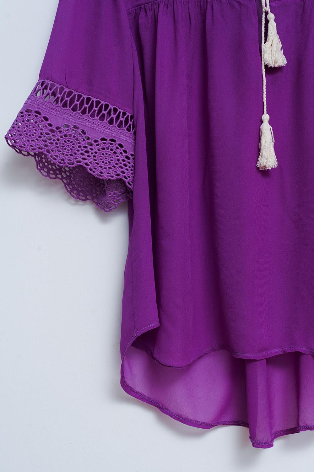 Broderie tie front blouse in purple - Shirts