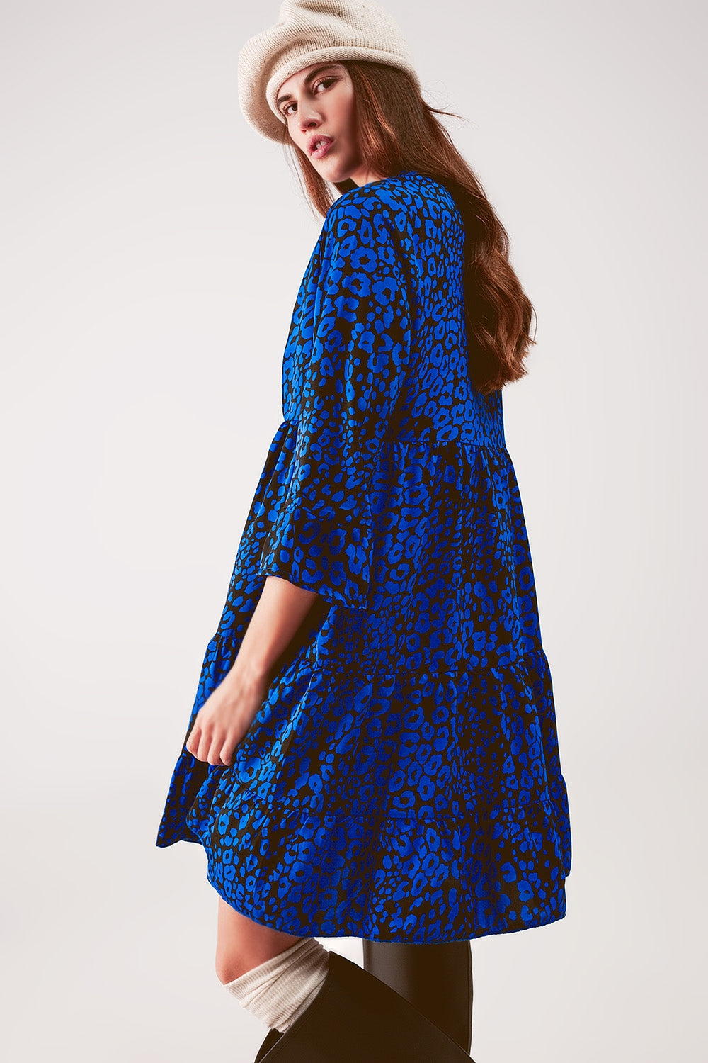 Tiered mini smock dress in blue animal print - dress
