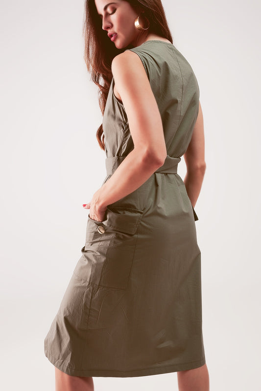 Wrap dress with tie waist detail in khaki - dress