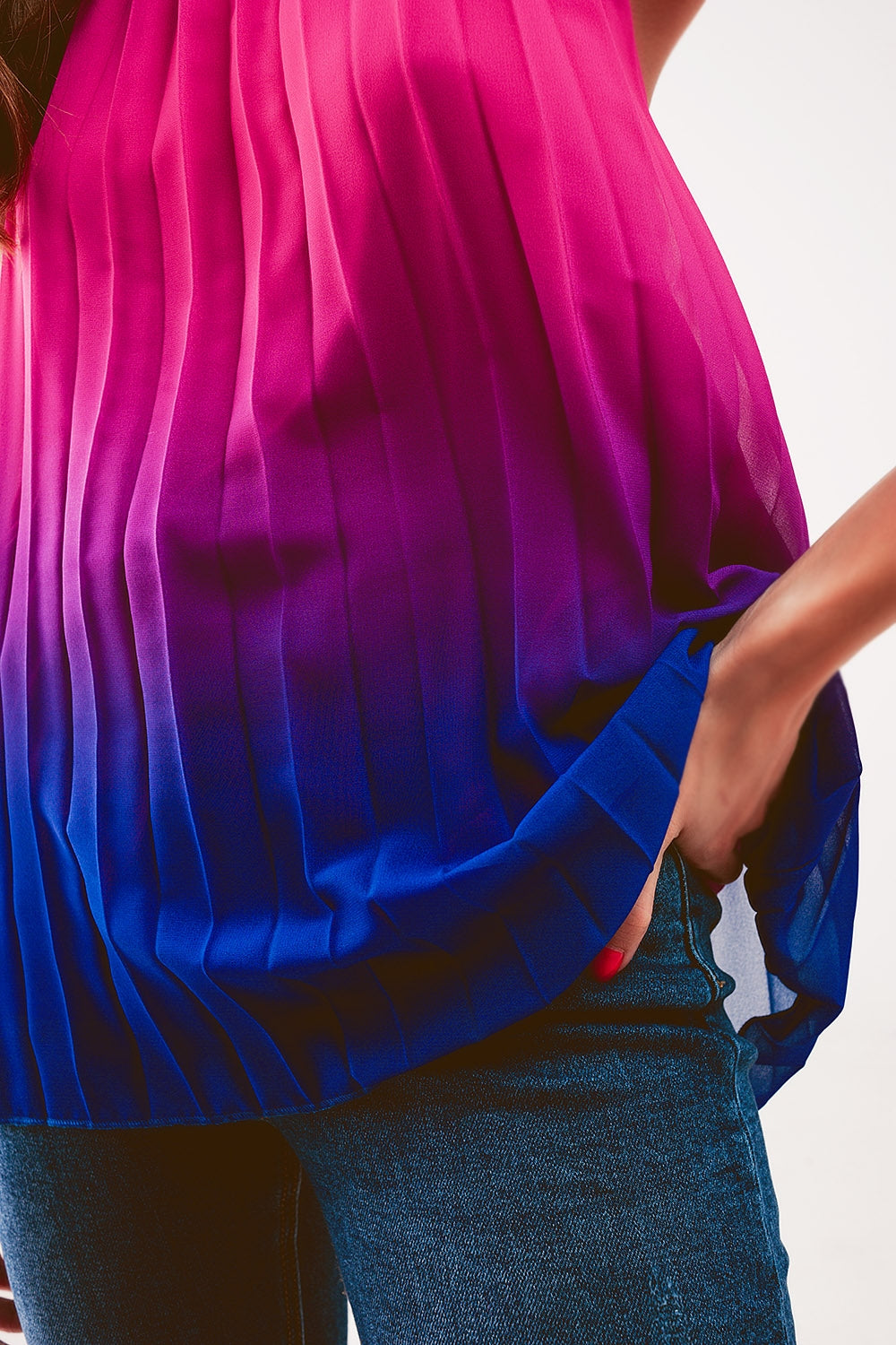 High neck pleat top in fuchsia ombre