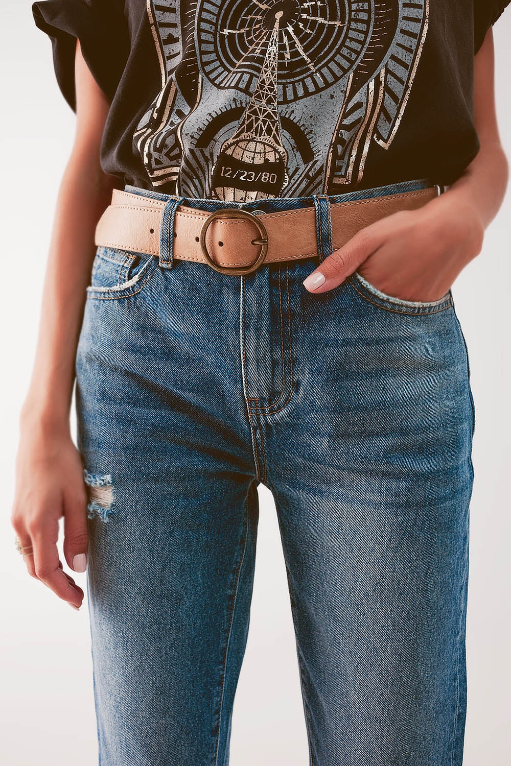 High waist jean with thigh slash in midblue - Denim