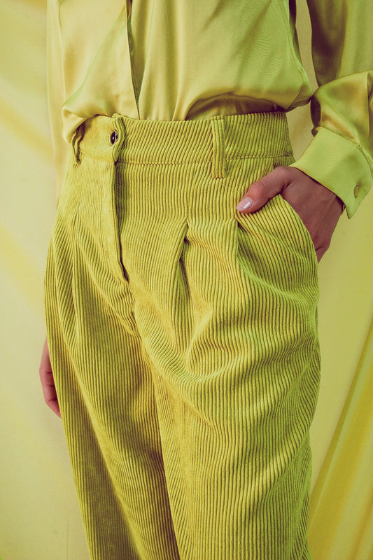 High rise straight leg pants in lime cord - trousers
