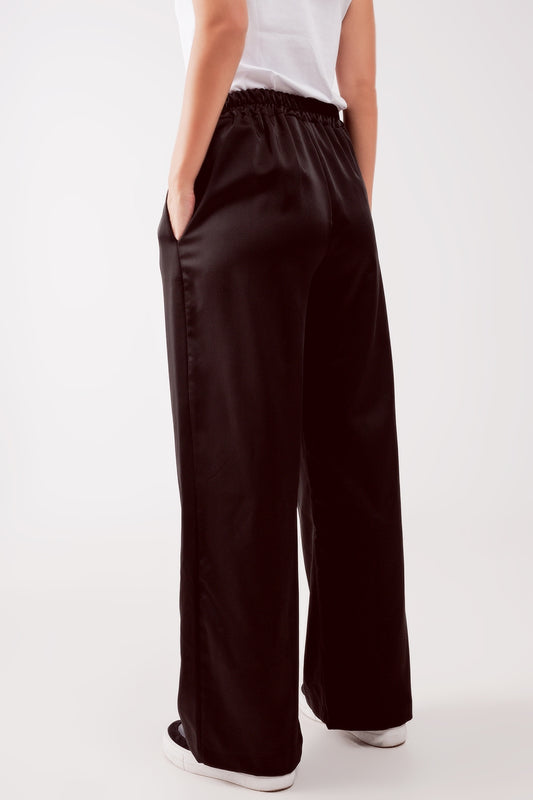 wide leg satin pants in black - trousers