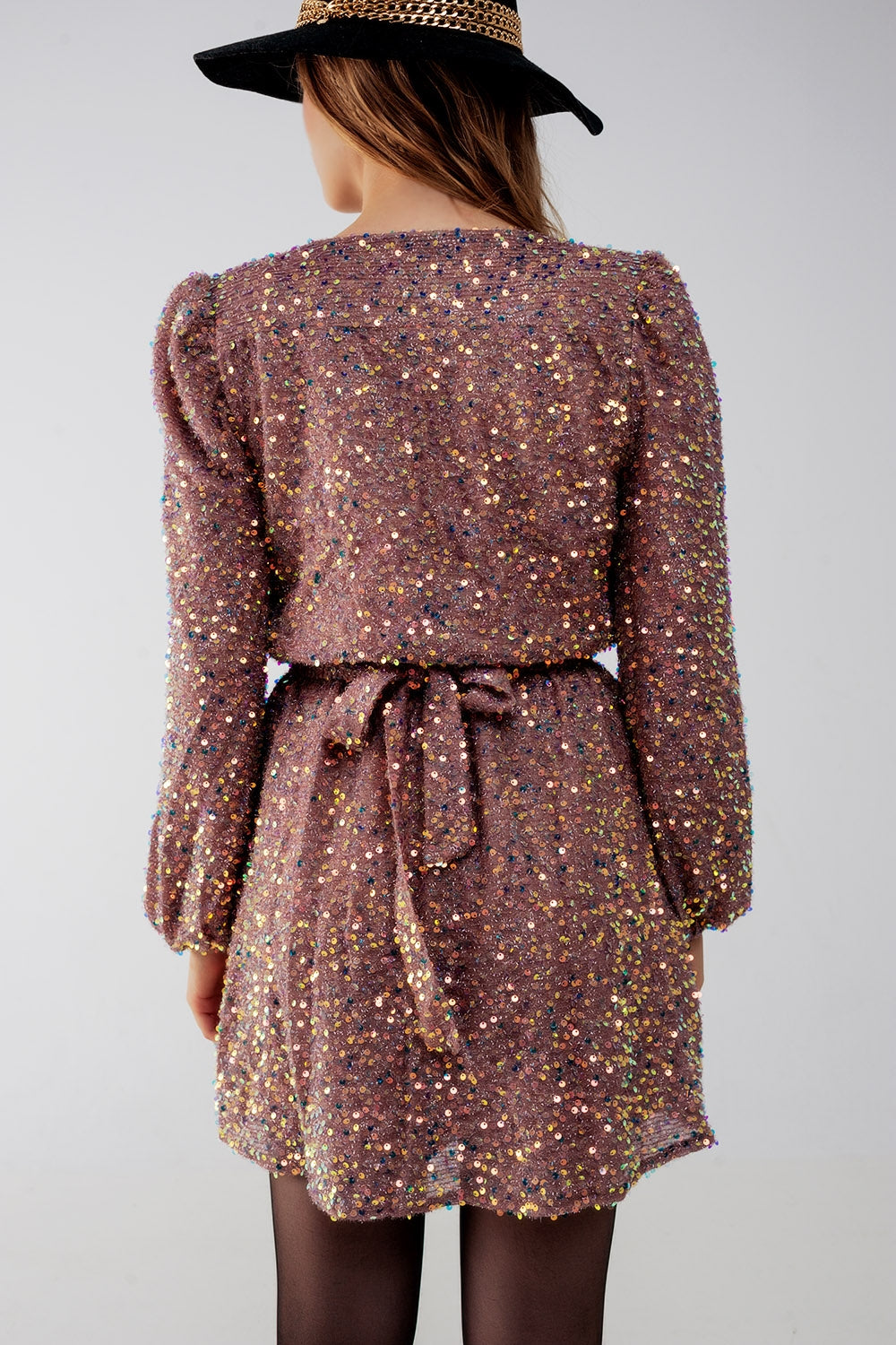 Sequin wrap mini dress in powder pink - dress
