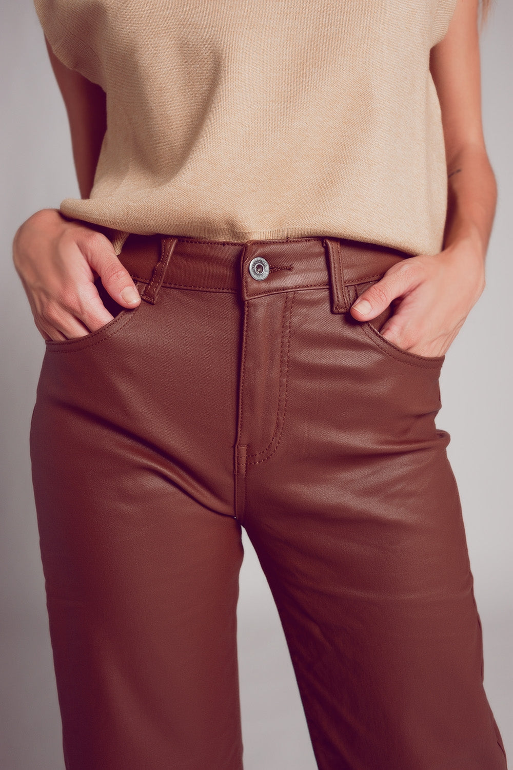 Faux leather wide leg trouser in brown - trousers