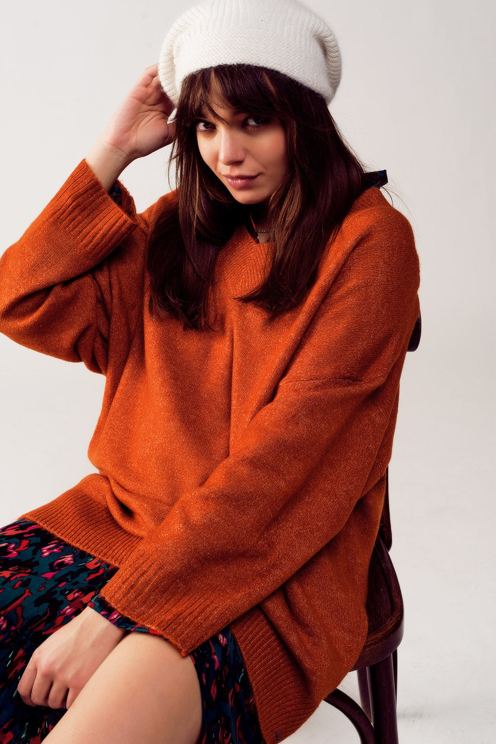 Oversized v neck sweater dress in orange