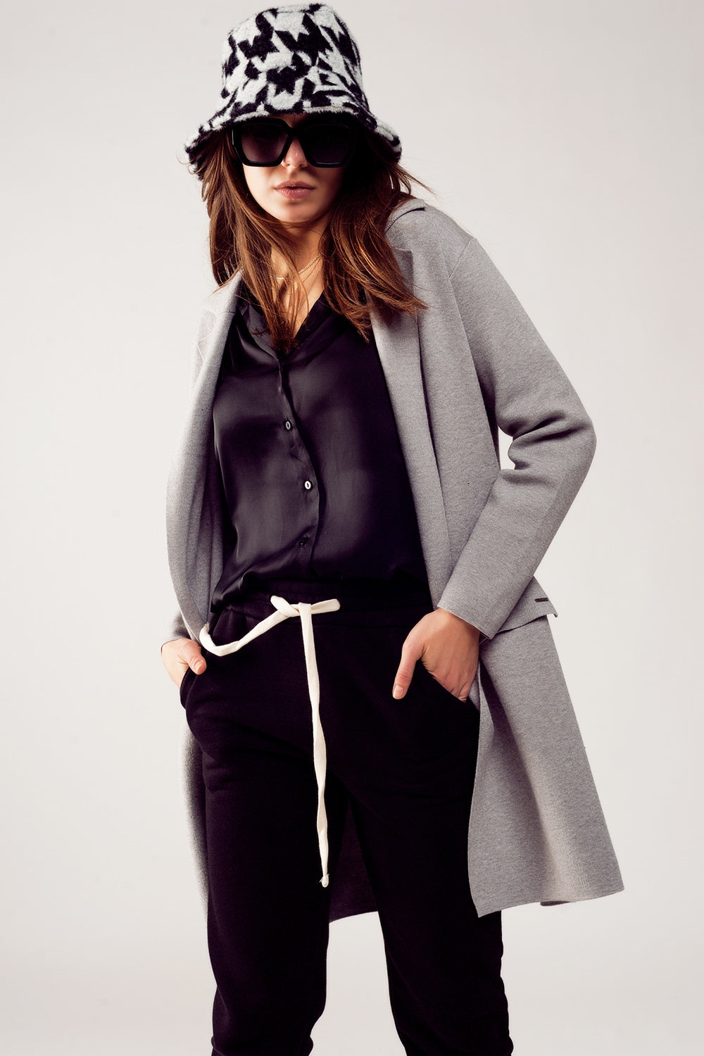 Oversized collar maxi cardigan in grey