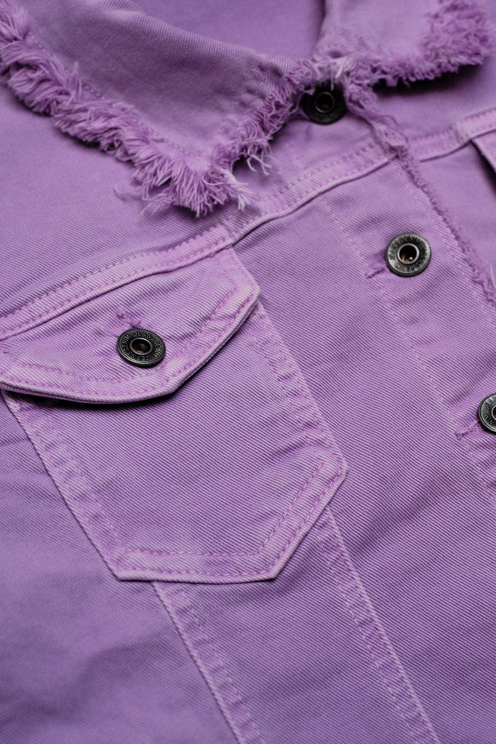 Raw edge denim jacket in purple