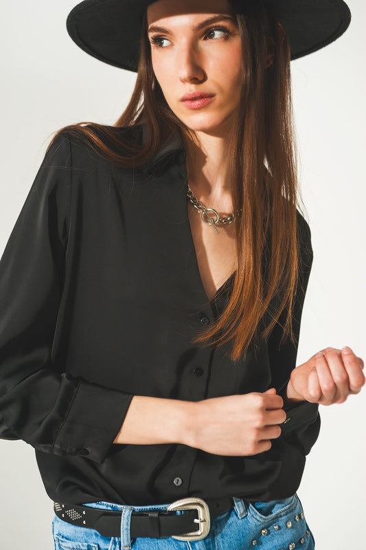 Satin shirt with v neck in black - Shirts