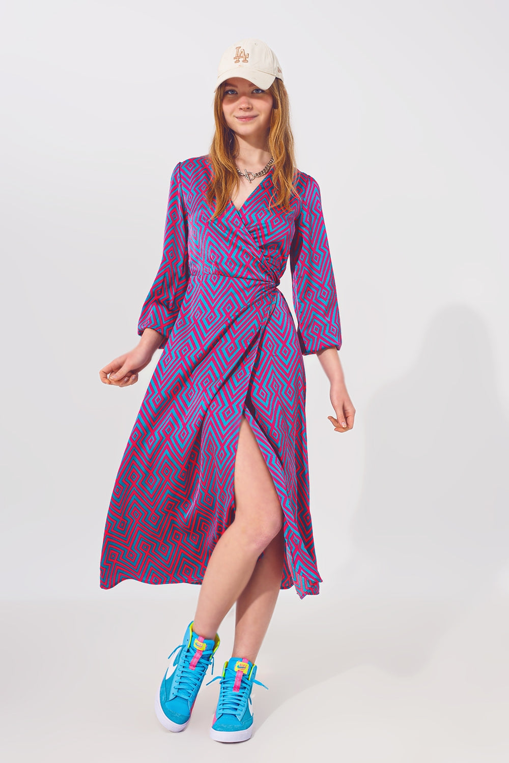 Long Sleeve Maxi Wrap Dress in Geo Print - dress