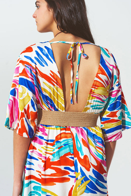 V Neck Maxi Dress with Multicolor Print - dress