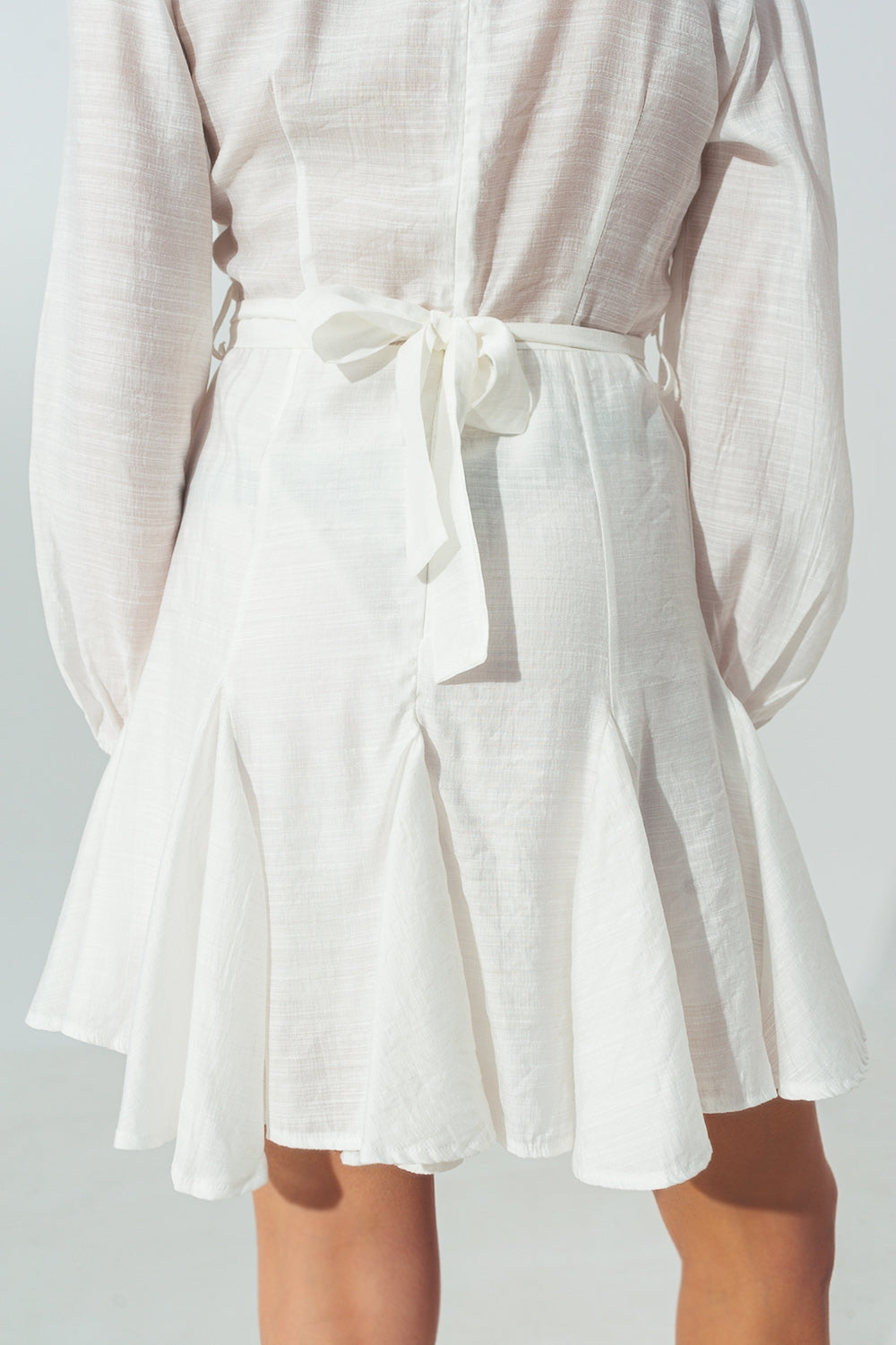 Ruffle V Neck Dress in White - dress