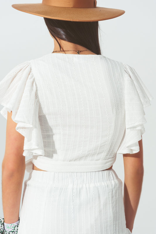 Broderie Wrap Crop Top in White - Shirts