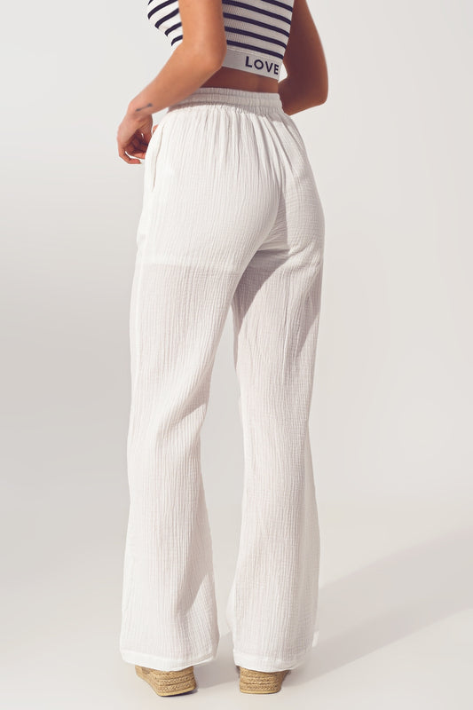 Textured Wide Leg Pants in White - trousers
