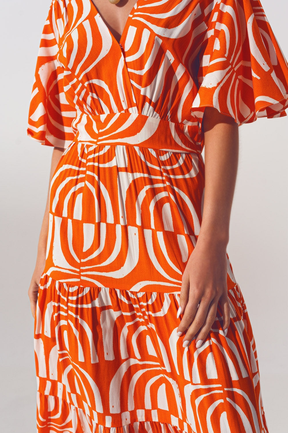 V neck Midi Dress with Print in Orange - dress