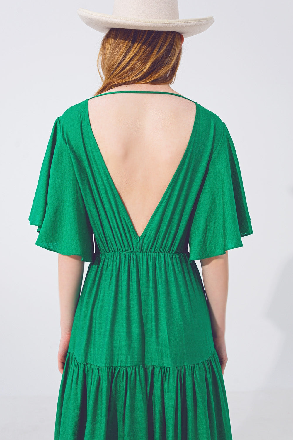 Smock V Neck Maxi Dress in Green - dress