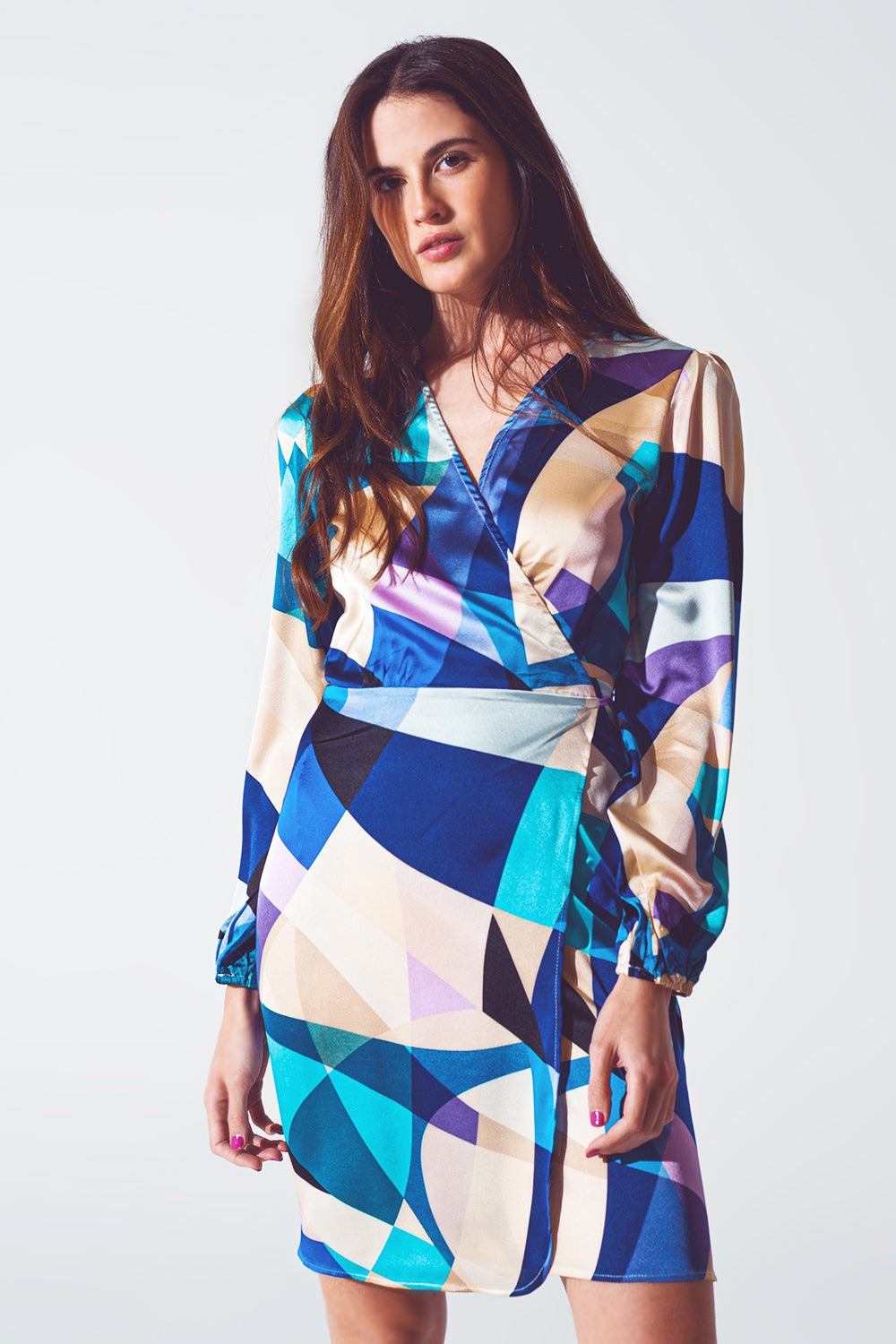 Wrap Short Abstract Print Dress in Blue - dress