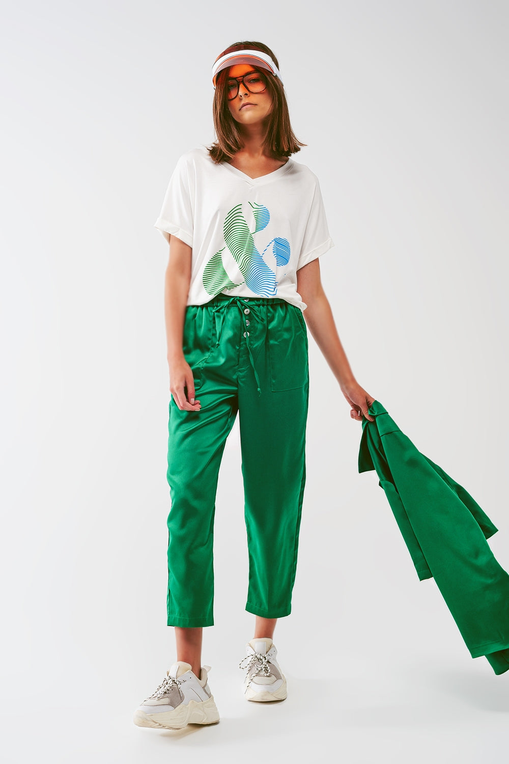 Satin Cropped Pants in Green - trousers
