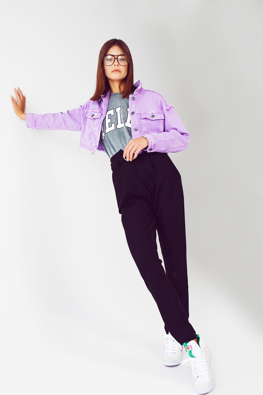 Gekürzte Trucker Jacke aus Jeansstoff in purple