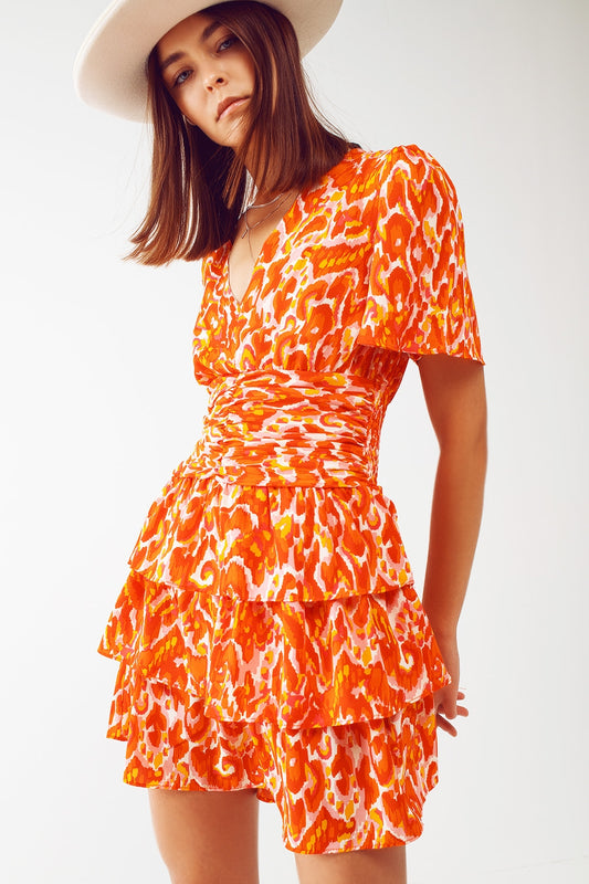 Mini V Neck Dress in Floral Orange Print - dress